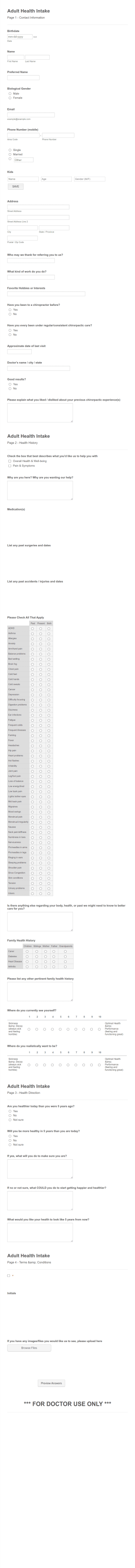 Adult Chiropractic Treatment Intake Form Template