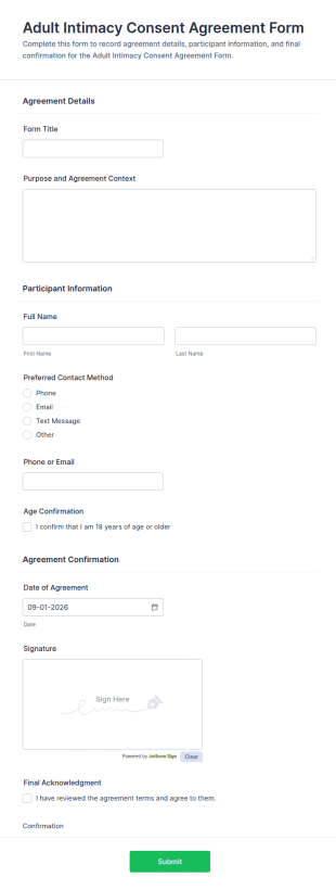 Adult Intimacy Consent Agreement Form Template