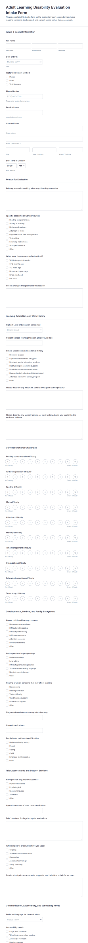Adult Learning Disability Evaluation Intake Form Template