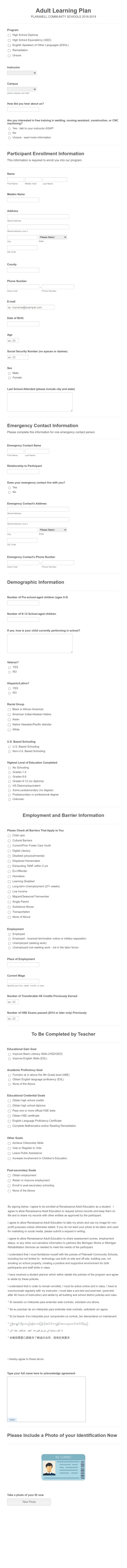 Adult Learning Plan Form Template