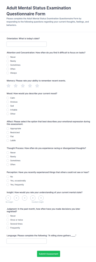 Adult Mental Status Examination Questionnaire Form Template