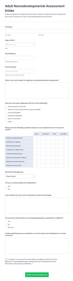 Adult Neurodevelopmental Assessment Intake Form Template