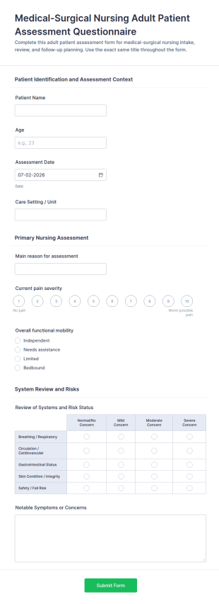 Adult Patient Assessment Questionnaire Form Template