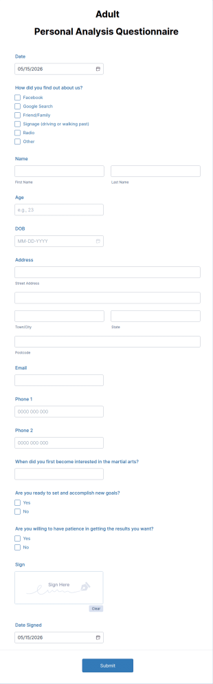 Adult Personal Analysis Questionnaire Form Template