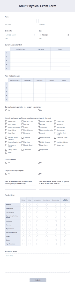 Adult Physical Exam Form Template