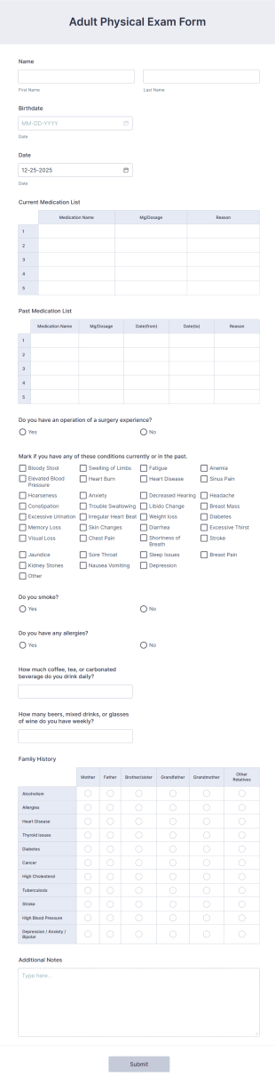 Adult Physical Exam Form Template