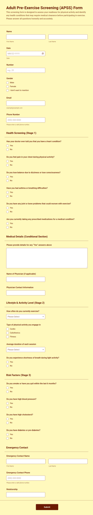 Adult Pre Exercise Screening (APSS) Form Template