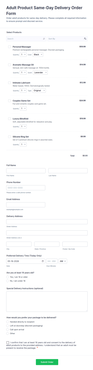 Adult Product Same Day Delivery Order Form Template