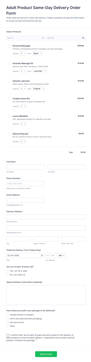 Adult Product Same Day Delivery Order Form Template