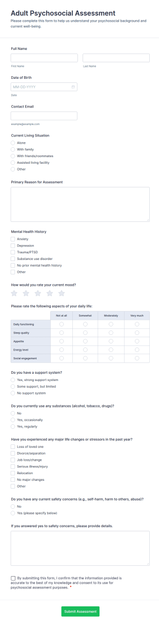Adult Psychosocial Assessment Form Template
