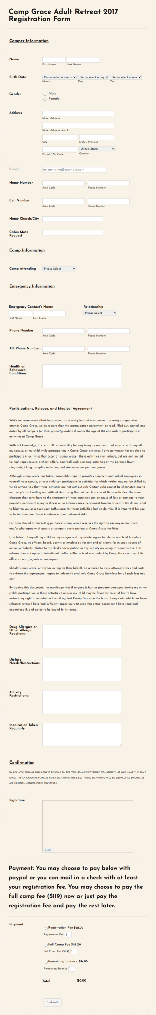 Adult Retreat Detailed Registration Form 2017 Form Template