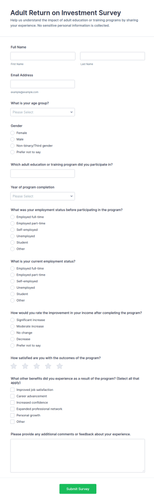 Adult Return On Investment Survey Form Template