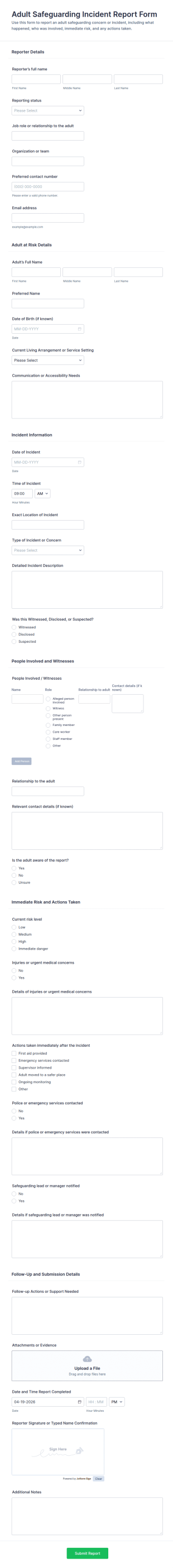 Adult Safeguarding Incident Report Form Template