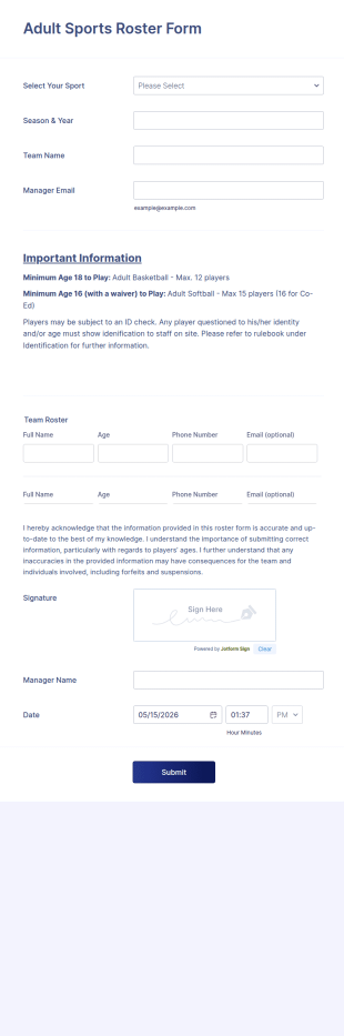 Adult Sports Roster Form Template