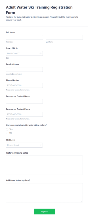 Adult Water Ski Training Registration Form Template