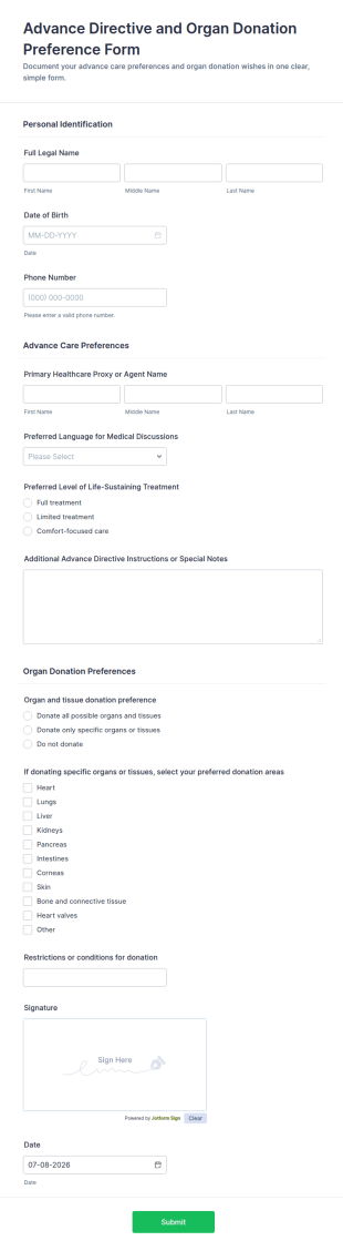 Advance Directive And Organ Donation Preference Form Template