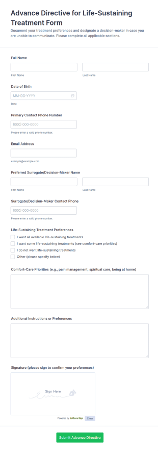 Advance Directive For Life Sustaining Treatment Form Template