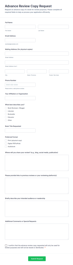 Advance Review Copy Request Form Template