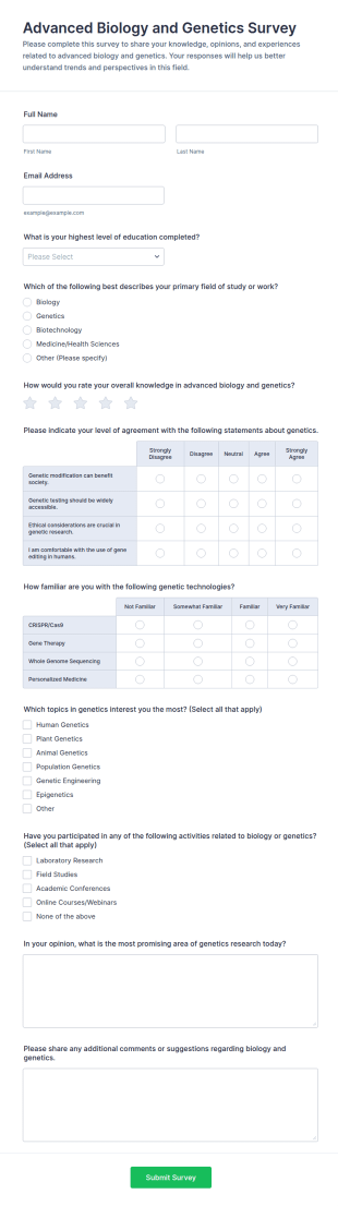 Advanced Biology And Genetics Survey Form Template