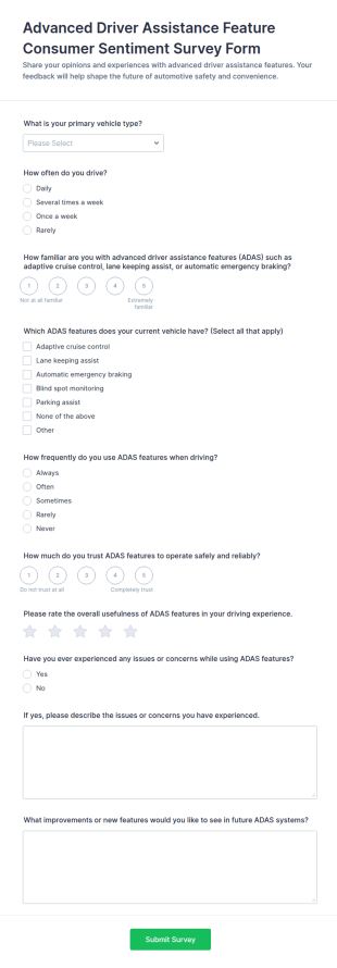 Advanced Driver Assistance Feature Consumer Sentiment Survey Form Template