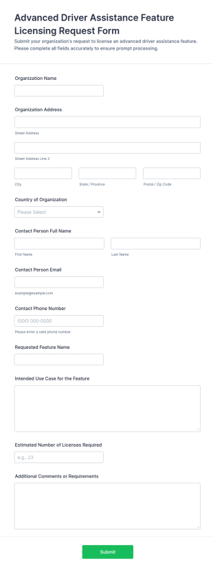 Advanced Driver Assistance Feature Licensing Request Form Template