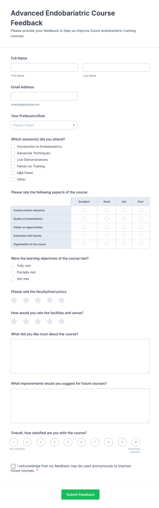 Advanced Endobariatric Course Feedback Form Template