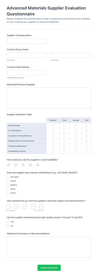 Advanced Materials Supplier Evaluation Questionnaire Form Template