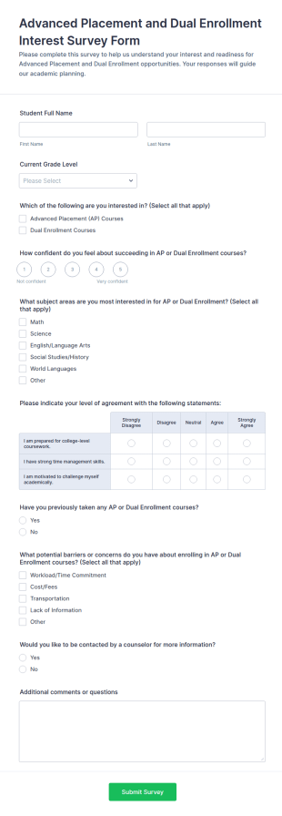 Advanced Placement And Dual Enrollment Interest Survey Form Template