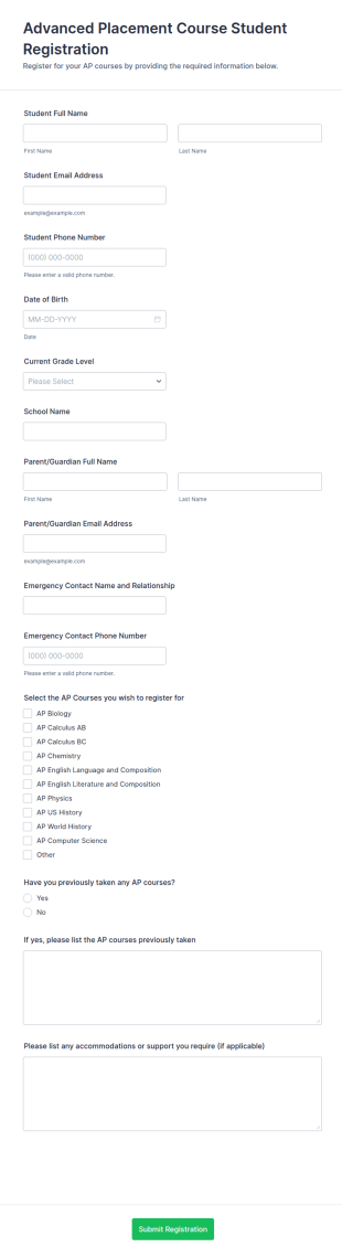 Advanced Placement Course Student Registration Form Template