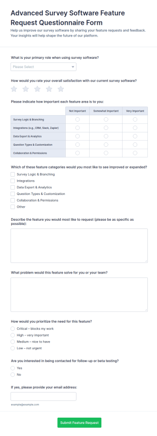 Advanced Survey Software Feature Request Questionnaire Form Template