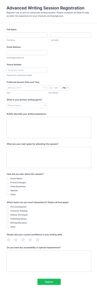 Advanced Writing Session Registration Form Template