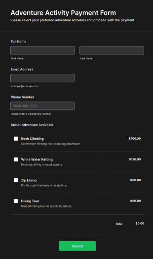 Adventure Activity Payment Form Template