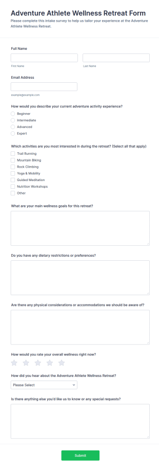 Adventure Athlete Wellness Retreat Survey Form Template