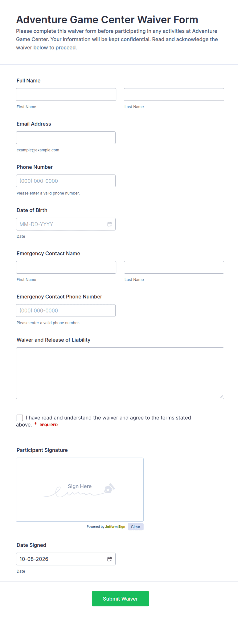Adventure Game Center Waiver Form Template | Jotform