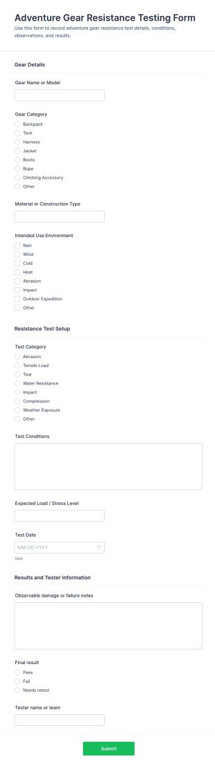 Adventure Gear Resistance Testing Form Template