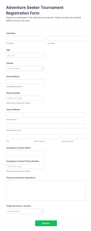 Adventure Seeker Tournament Registration Form Template