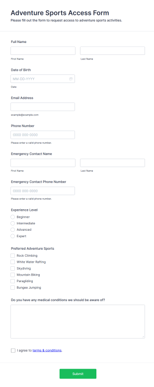 Adventure Sports Access Form Template