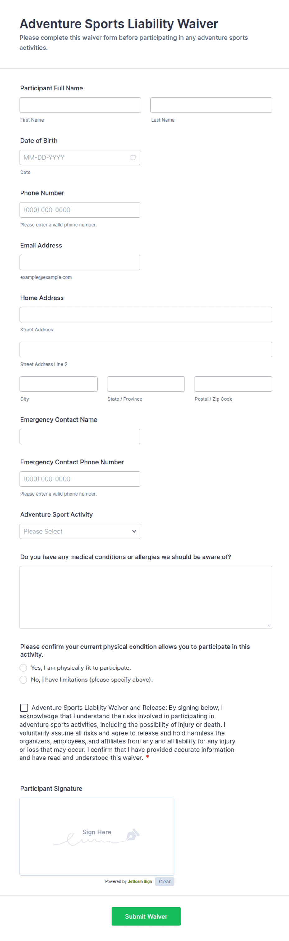 Adventure Sports Liability Waiver Form Template | Jotform