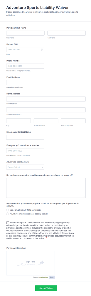 Adventure Sports Liability Waiver Form Template