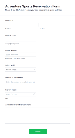 Adventure Sports Reservation Form Form Template