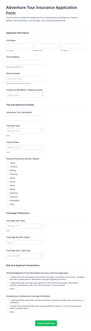 Adventure Tour Insurance Application Form Template