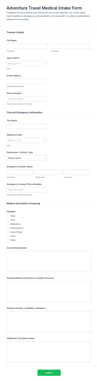 Adventure Travel Medical Intake Form Template