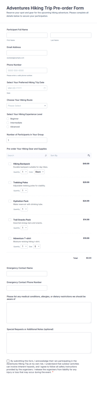 Adventures Hiking Trip Pre Order Form Template
