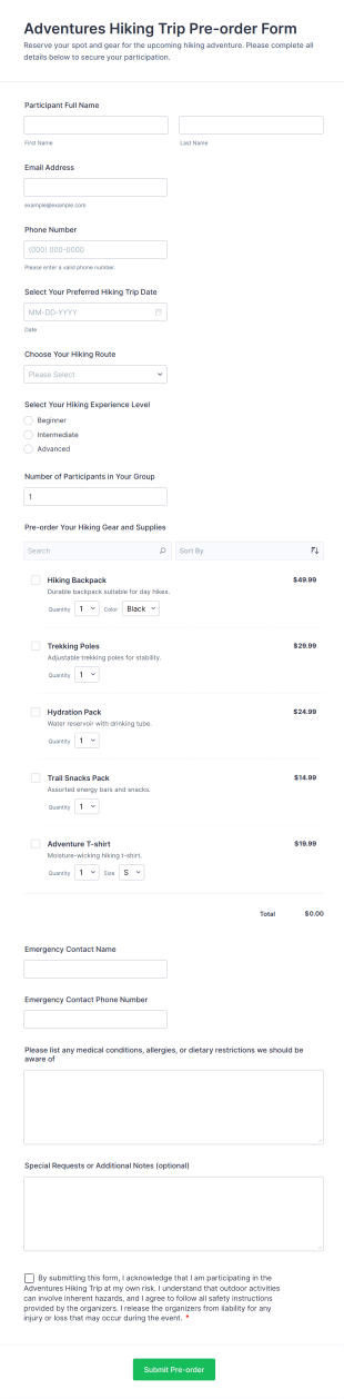 Adventures Hiking Trip Pre Order Form Template