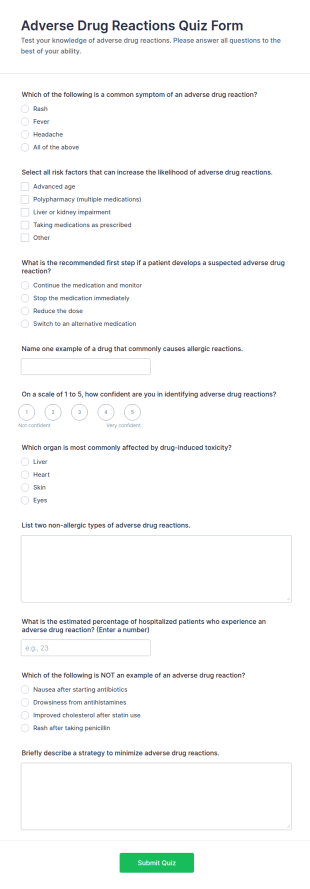 Adverse Drug Reactions Quiz Form Template