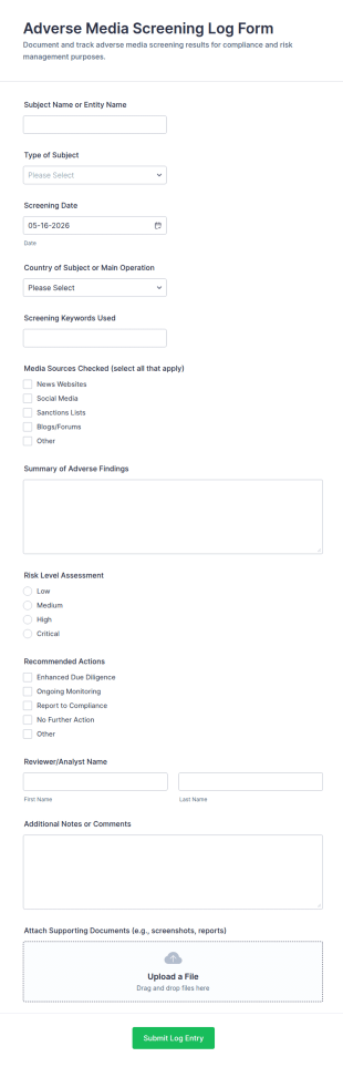 Adverse Media Screening Log Form Template