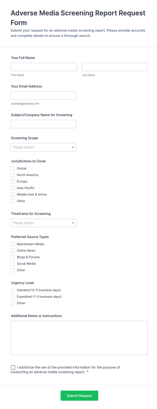 Adverse Media Screening Report Request Form Template