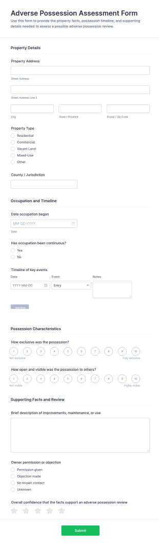 Adverse Possession Assessment Form Template