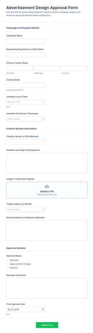 Advertisement Design Approval Form Template