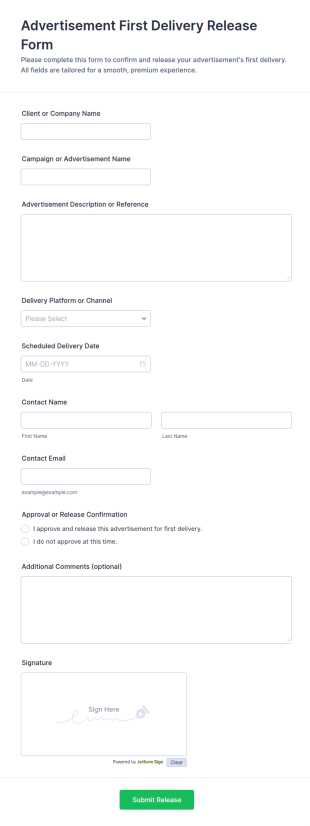 Advertisement First Delivery Release Form Template